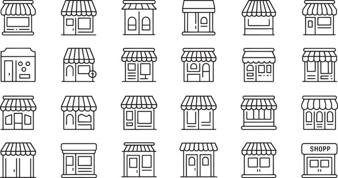 Black and white line collection of vintage houses and cottages with detailed roofs and chimneys line vintage houses