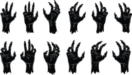 Fototapeta premium Creepy Zombie Hand Silhouette Set with Horror Claw Gestures, Spooky Halloween Vector Illustration for Dark Theme Design, Scary Graphic Elements Collection.