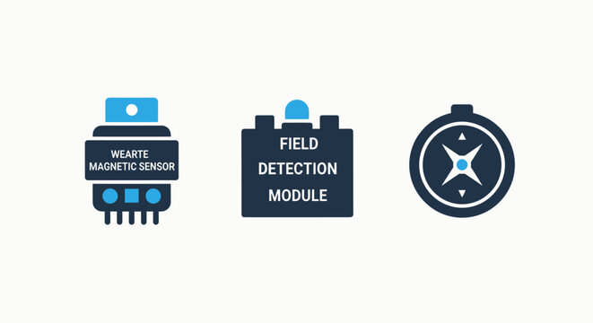 Smart sensing and field detection technology modules icons set with detection technology electronic hardware engineering navigation direction measurement automation components illustration