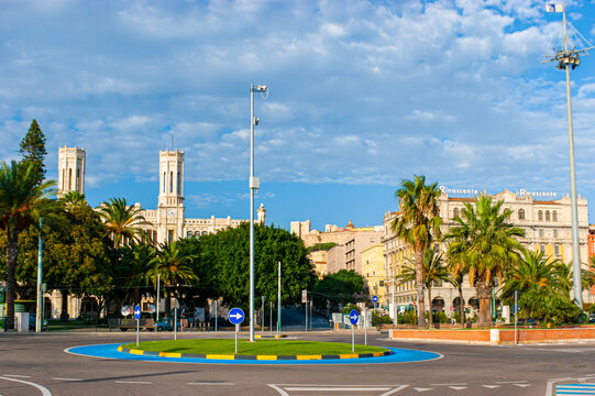 Palazzo Civico and Palazzo della Rinascente from Calata Azuni, on Sept 28 in Cagliari, Sardinia, Italy