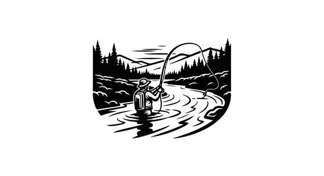 Silhouette of person fly fishing in a river surrounded by trees and mountains