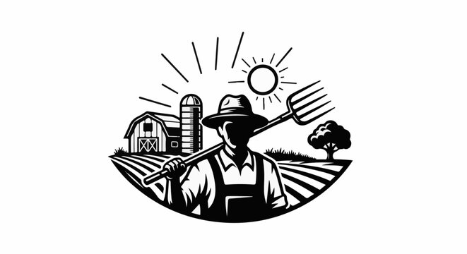 Silhouette of a farmer with a pitchfork on a farm at sunrise