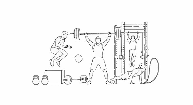 Figures exercising with weights, boxes, and a pull-up bar in a gym setting