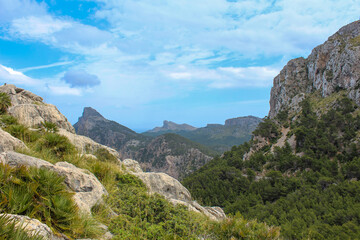 Fototapeta premium Panoramic views of the valley and jagged mountain peaks under a bright blue sky with fluffy white clouds. Summer vacations, hiking in the mountains and wilderness