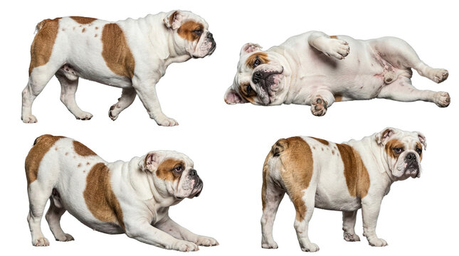 Photograph of an energetic white and brown bulldog in multiple playful poses.