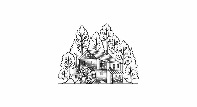 Old wooden mill with water wheel surrounded by trees