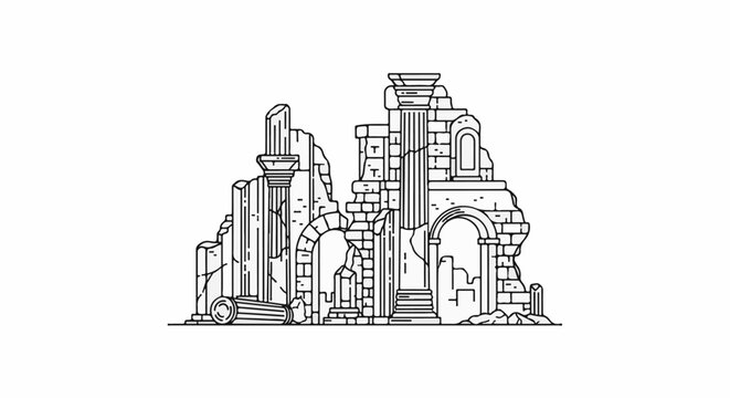 Stylized line drawing of ancient stone ruins with crumbling columns and archways