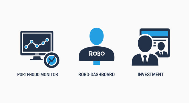 Financial portfolio monitor robo-advisor dashboard investment management interface icons for fintech applications with financial portfolio investment dashboard management analysis software