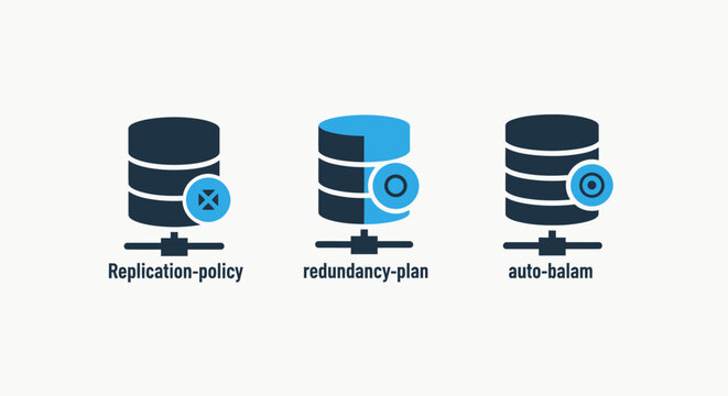 Data management and server infrastructure icons representing replication and redundancy with replication redundancy balancing infrastructure technology database computing security optimization