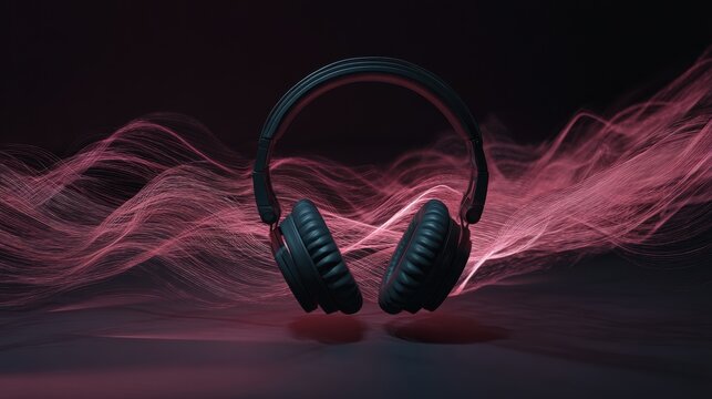 Modern black studio headphones floating against a background of glowing pink sound waves. Music technology concept visualizing digital audio frequency and rhythmic bass vibration in dark space.