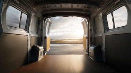 Obraz premium Interior view of empty cargo delivery van with open rear doors at sunset. Spacious vehicle cabin for commercial transport and logistics. Shipping service and transportation vehicle concept.