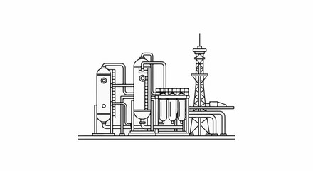 Obraz premium Stylized industrial refinery complex with towers, tanks, and pipes