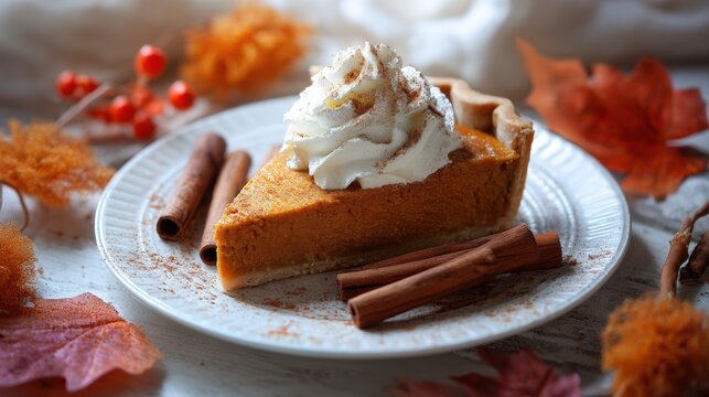Slice of pumpkin pie with whipped cream and cinnamon on a plate. Traditional autumn dessert for the Thanksgiving holiday. Festive food photography with fall foliage decor and spices.
