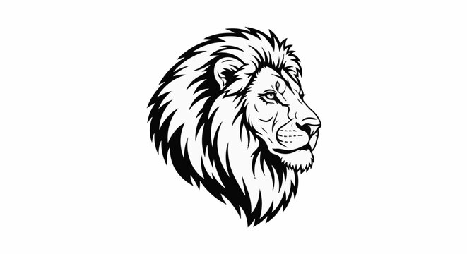Stylized lion head with mane, profile view, bold black lines on white