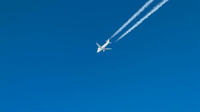 aerial cockpit view of a white colot twin-engine jet airplane and its white contrial in. ablue sky, crossing in diagonal the screen.
