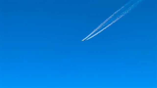 Right side aerial ccokpit view of a twine engine airliner jet and its contrail in a blue sky. shot take from a jet cockpit flying bellow