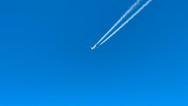 Aerial cockpit view of a white color jet airplane and its trail crossing in diagonal in a blue sky. shot take from another jet cockpit flying bellow.