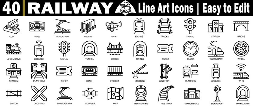 Comprehensive railway line art icon set. Containing clip panel pantograph freight horn engine tracks signal station bridge locomotive luggage and tunnels, vector illustration.