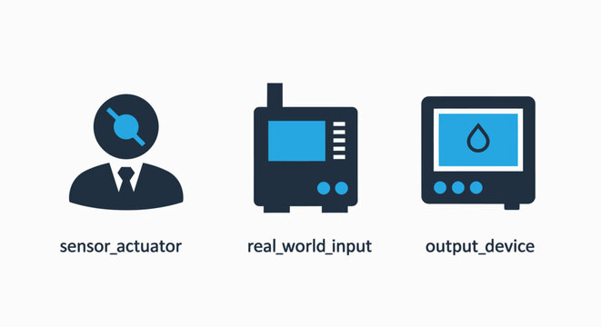 Industrial automation sensor and actuator system icons with actuator automation industry technology interface monitoring electronics engineering manufacturing components hardware variable