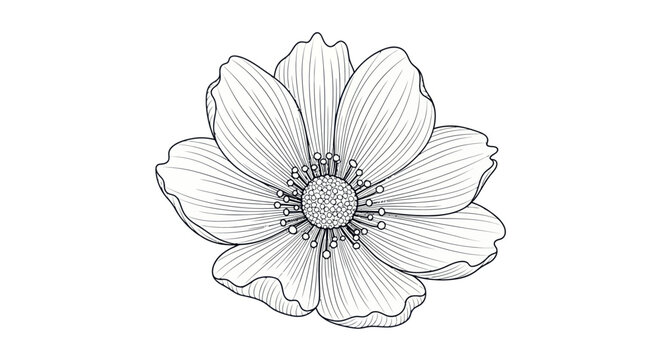 Minimalist blooming cosmos flower line art illustration on a white background