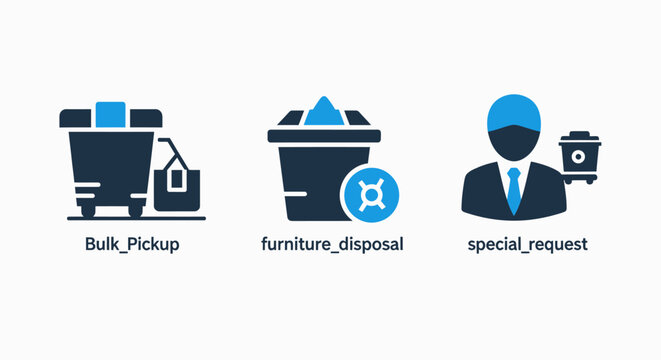 Waste management service icons set including bulk pickup furniture disposal and special request with disposal management recycling furniture collection container environment cleaning business