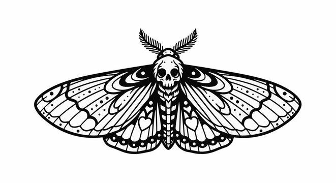 Stylized moth with skull-like head and ornate wing patterns