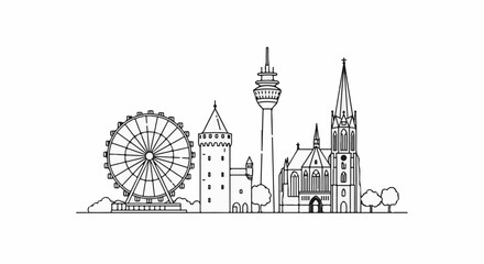 Obraz premium Stylized line art cityscape featuring a Ferris wheel, tower, and church