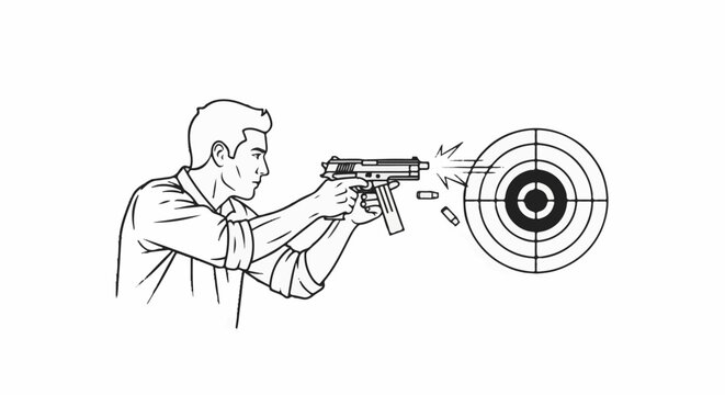 A man aims a handgun at a target, firing shots and ejecting casings
