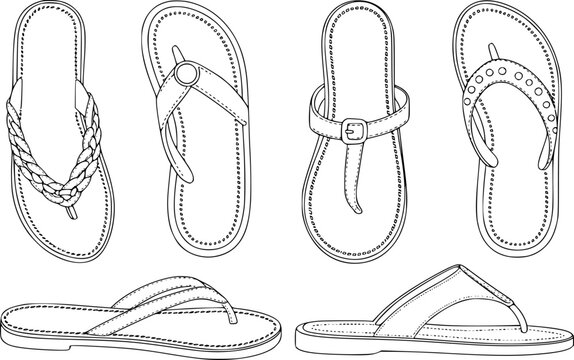 Collection of black and white line of different styles of flip flop sandals flipflop