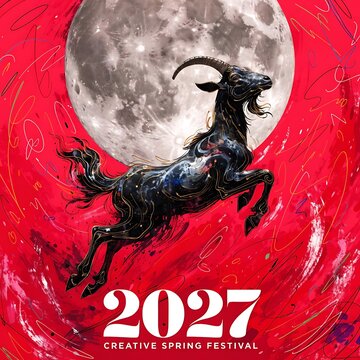 Jumping goat silhouette against full moon for 2027 chinese new year spring festival on red textured background artistic poster design with festival astrology horoscope tradition artistic