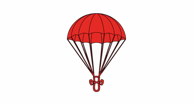A simple red parachute is depicted, ready for descent