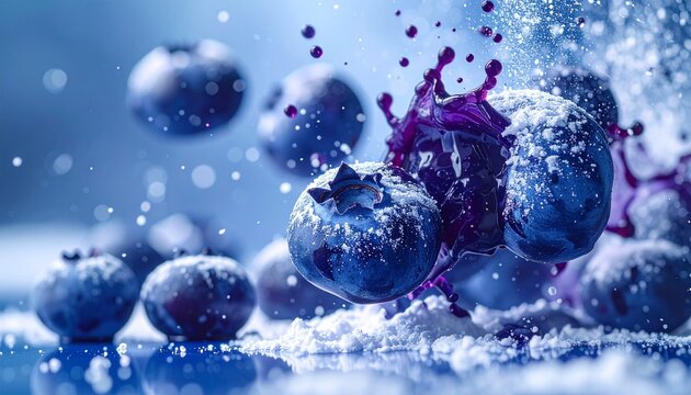 ブルーの背景で紫の果汁が爆発するブルーベリーの躍動感あふれる商業フードフォト