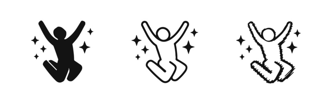 Excited Person Jumping for Joy Icon Set, Celebration and Success Symbols