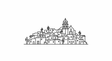 Obraz premium Line drawing of a desert village with a church and cacti