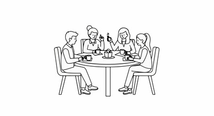 Obraz premium Four people are sitting around a table, drinking coffee and talking