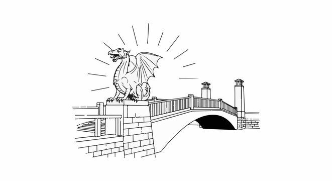 Stone dragon sculpture guards a bridge with radiating lines