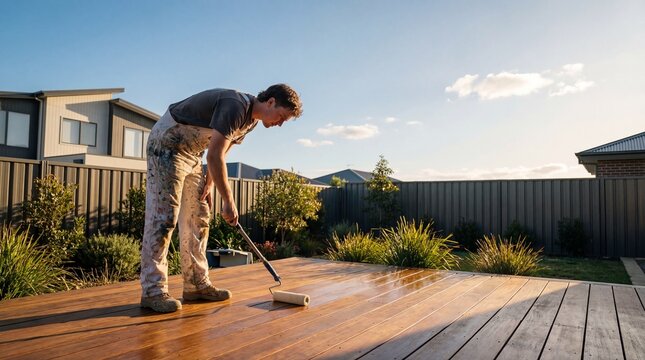 caucasian man in overalls applying protective oil to wooden deck with roller in backyard. home improvement, diy project, outdoor renovation. banner, website header, copyspace.
