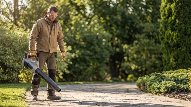 caucasian man in work clothes and safety glasses using leaf blower on stone driveway in sunny garden. professional landscaping, yard maintenance, property cleanup. banner, website header and copyspace