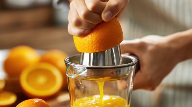 Hands squeeze orange with care and effort