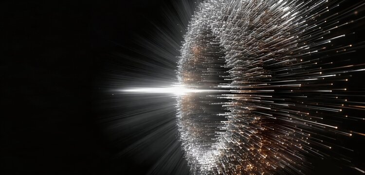 Dynamic particle vortex with light rays, creating a wormhole or hyperspace jump effect. Ideal for sci-fi backgrounds, tech graphics, futuristic design, and space exploration visuals.