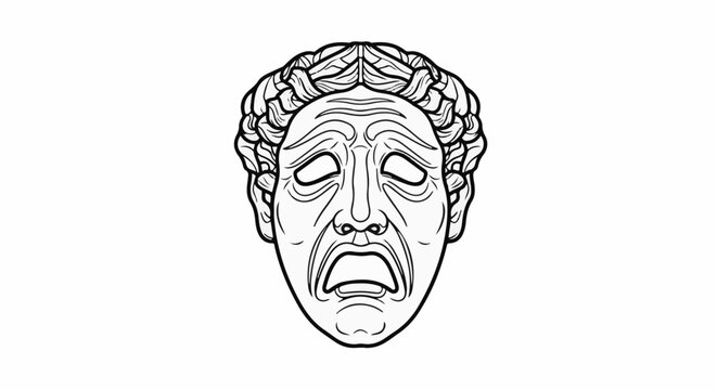 Stylized black and white drawing of a tragic mask with an anguished expression