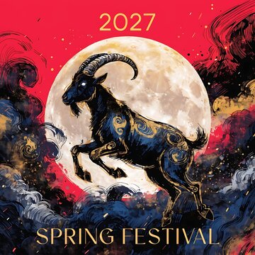 Jumping blue goat with gold patterns leaping before large moon and dark clouds for 2027 chinese spring festival lunar new year background festival astrology horoscope tradition
