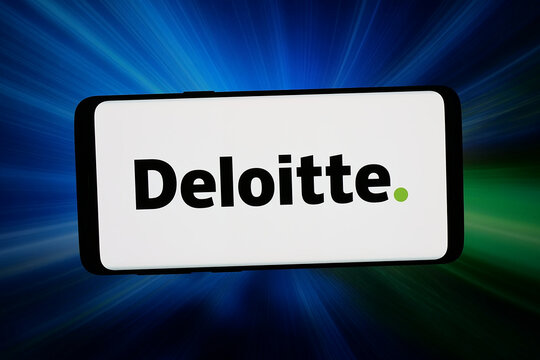 Stuttgart, Germany - 04-09-2026: In this photo illustration, the logo of professional services network Deloitte is displayed on a smartphone in front of abstract background on computer screen.