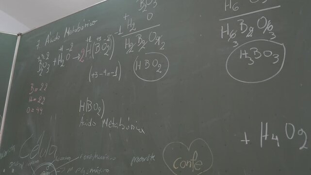 Close-up of a chalkboard filled with handwritten chemistry formulas. White chalk marks show chemical equations and molecular structures. Background suggests classroom or lab setting