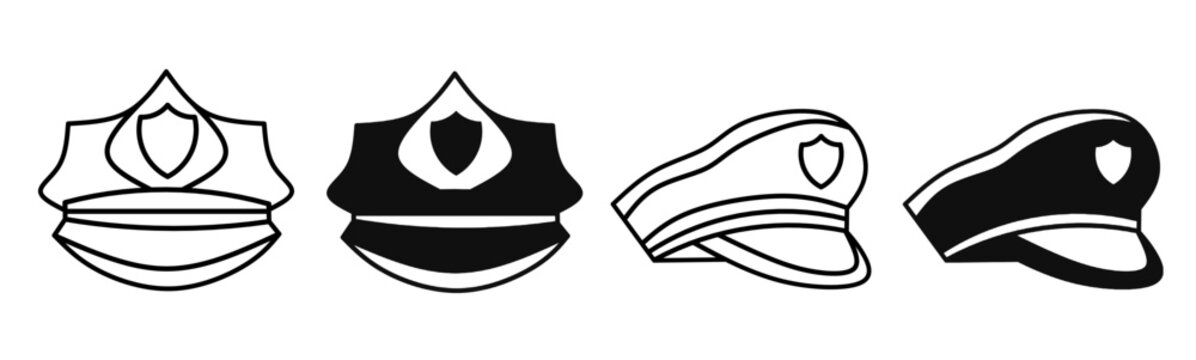 Silhouette of police hat icon illustration on white background. Police hat icon set for business. Stock vector.