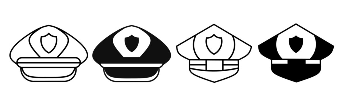 Silhouette of police hat icon illustration on white background. Police hat icon set for business. Stock vector.