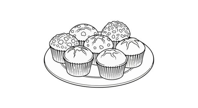 Six assorted muffins decorated with lines and dots on a plate
