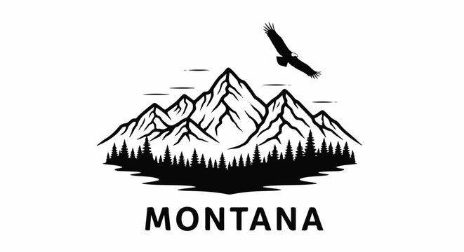 Silhouette of majestic mountains with trees and eagle flying above