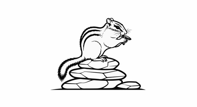 Black and white illustration of a chipmunk perched on stacked stones, eating a nut