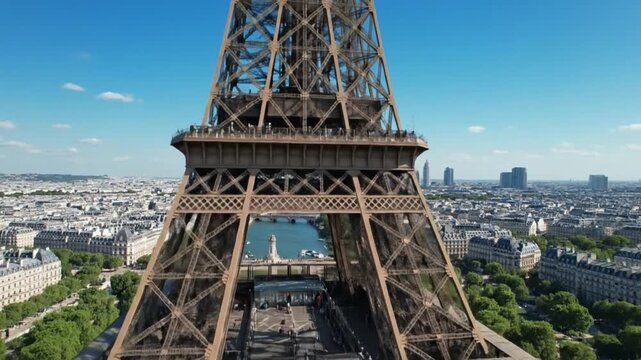 Close-up aerial view of the iconic Eiffel Tower in Paris, France, with the city skyline and Seine River visible under a clear blue sky.
